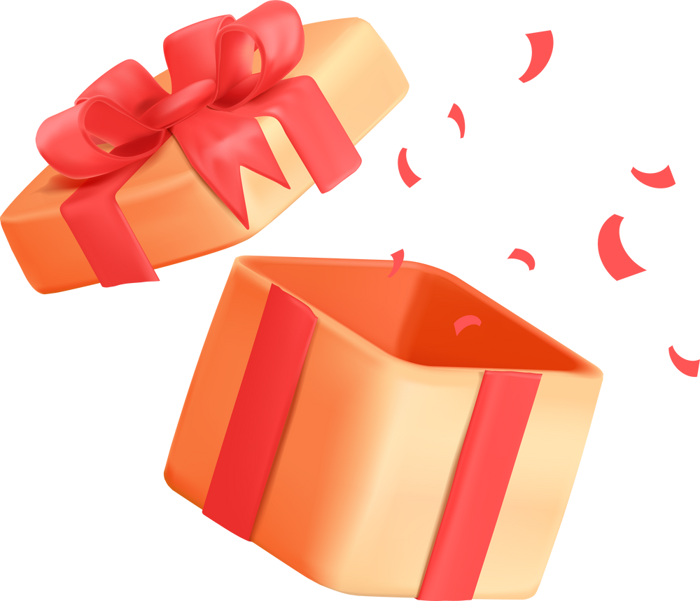Open gift box with confetti burst. Surprise present